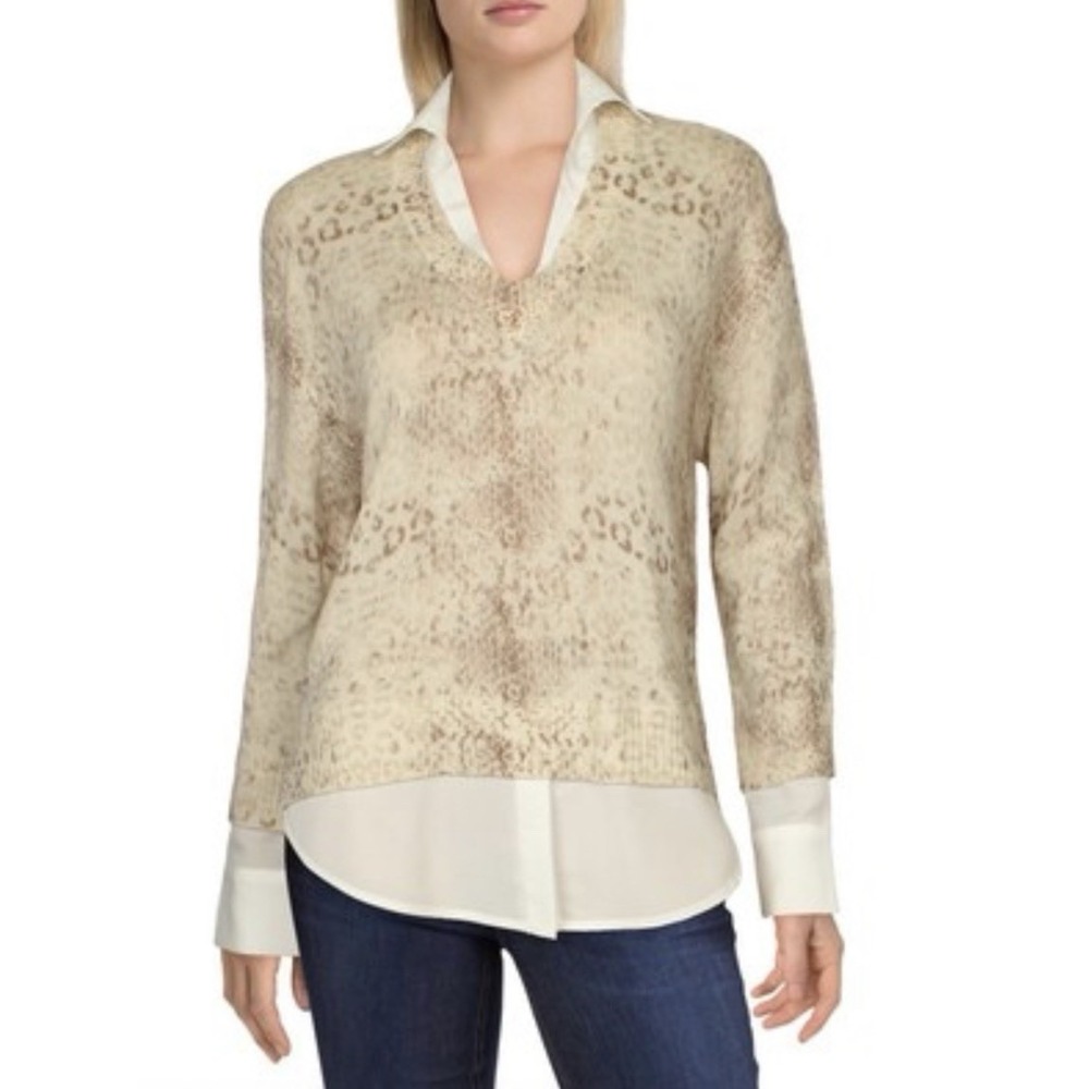 Brochu Walker M Wool Cashmere Looker Sweater Layered Shirt Leopard Preppy Lux